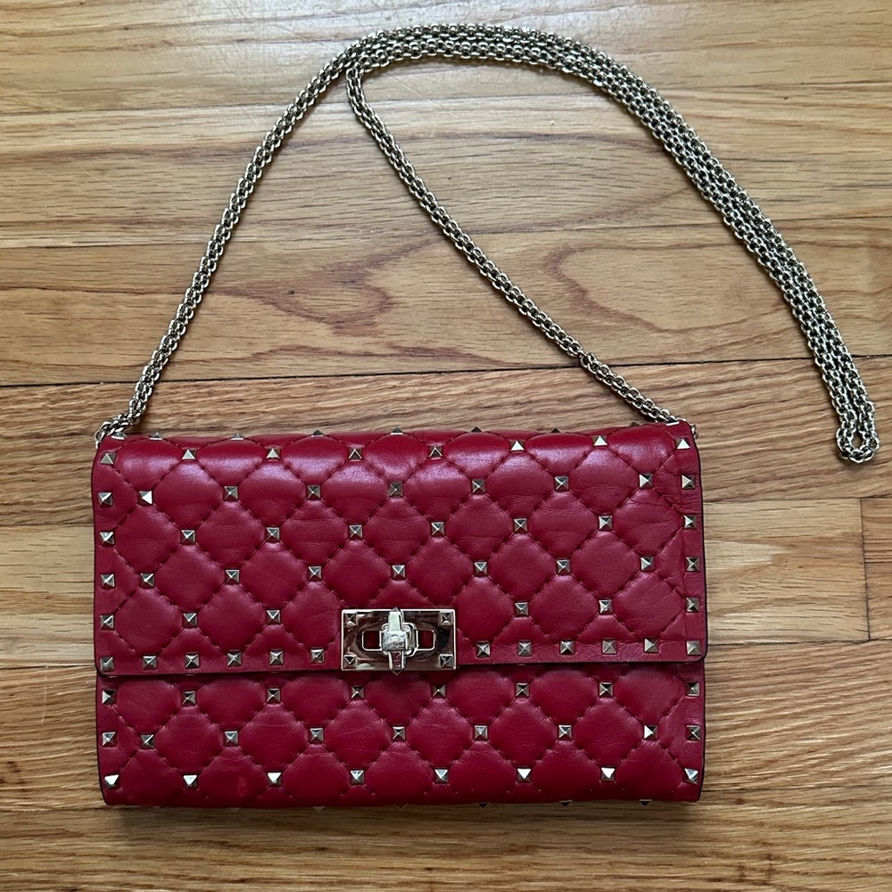 Valentino Red Leather Rockstud Spike Chain Wallet